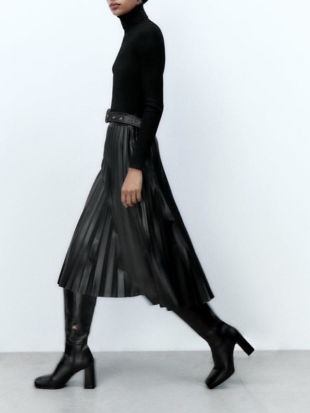 ZARA faux vegan leather pleated belted a line skirt XL